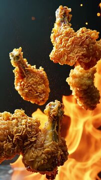 Flying fried chicken with fire in background hot wings fast food