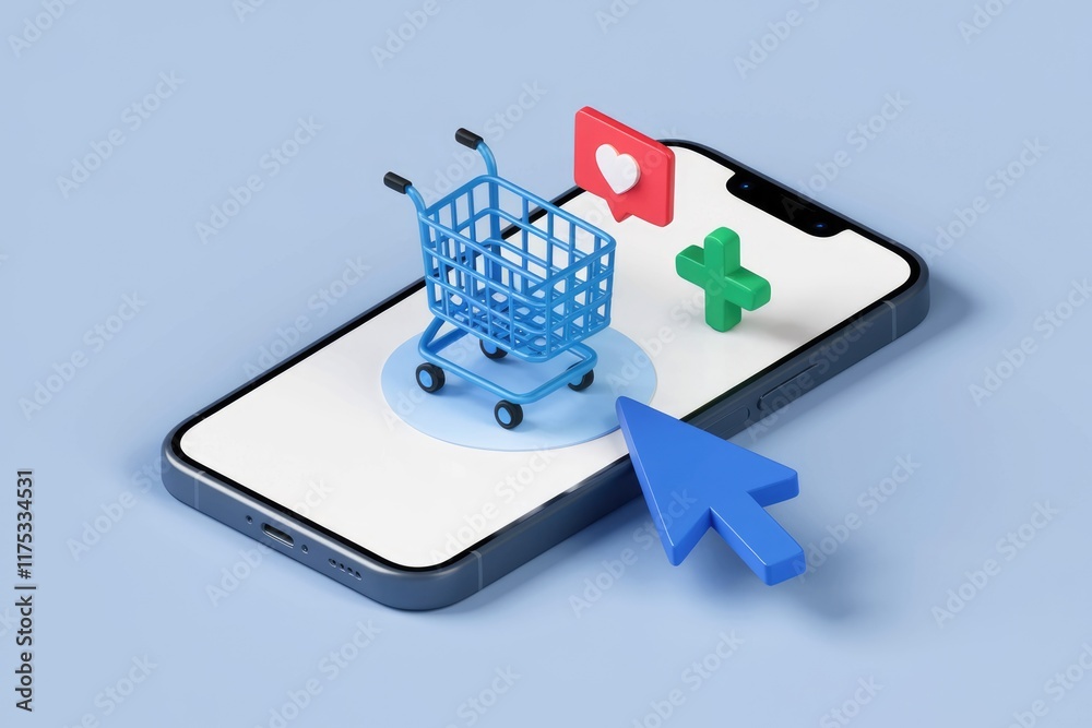 Aufkleber mobile shopping experience, adding items to cart with love and a plus icon, indicating ease of onlin