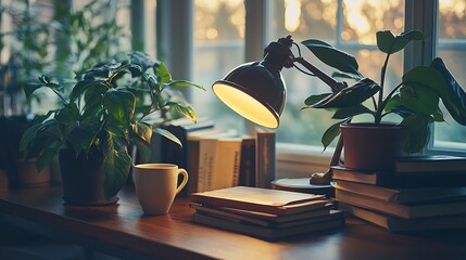 Cozy Reading Nook With Plants And Desk Lamp