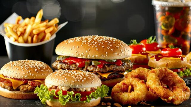 Hamburger onion rings ketchup fries junk food american fast food