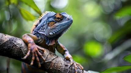 Fototapeta premium Stunning Iguana Perched on Tree Branch Showcasing Vibrant Colors and Intricate Textures Amidst Lush Greenery in a Tropical Jungle Environment