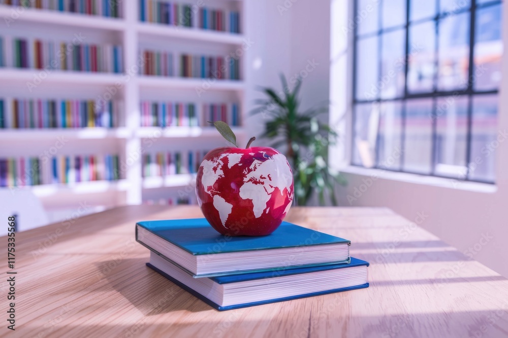 Aufkleber A world globe apple rests on two books in a library, symbolizing global education and knowledge.