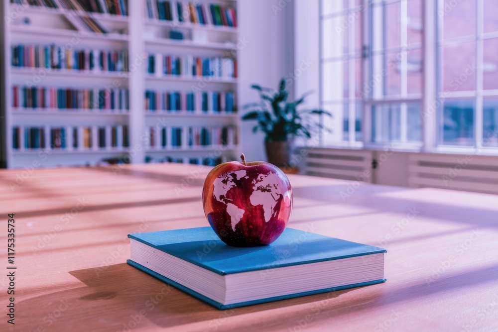 Leinwandbilder an apple with a world map rests on a book in a library, symbolizing global education and knowledge.