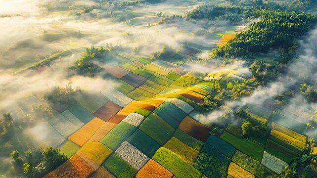 Aerial view of a vast agricultural field covered in morning mist, with patches of crops emerging from the fog, creating a patchwork of colors