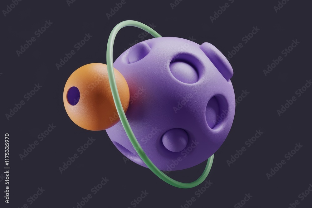 Poster Abstract 3D render of a purple sphere with craters orbited by a smaller orange sphere and a green ring.