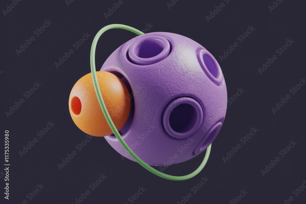 Poster abstract 3d render of a purple sphere with orange satellite and green ring, creating a futuristic pl