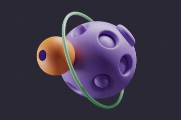 Naklejka premium Abstract 3D render of a purple sphere with craters orbited by a smaller orange sphere and a green ring.