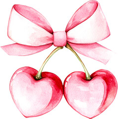 Cute coquette aesthetic pink ribbon bow with red cherries in vintage style watercolor. Girlish clipart. Ai generated