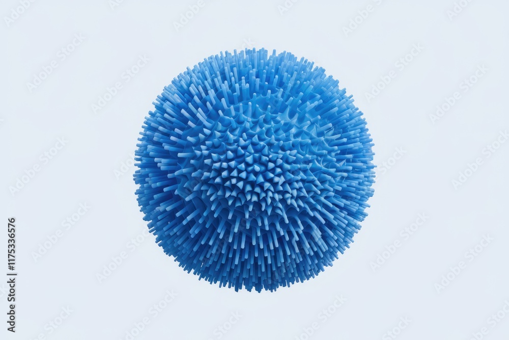 Poster a 3d rendering of a spiky blue sphere, resembling a virus or abstract art.