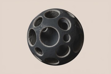 A dark, spherical object with numerous irregular holes, resembling a porous celestial body.