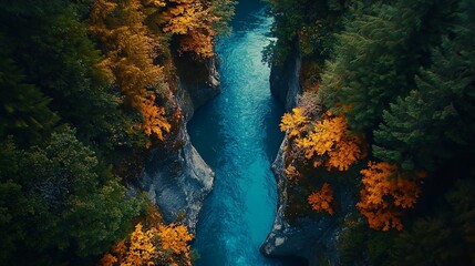 Obraz premium Aerial View of a Turquoise River Gorge in Autumn