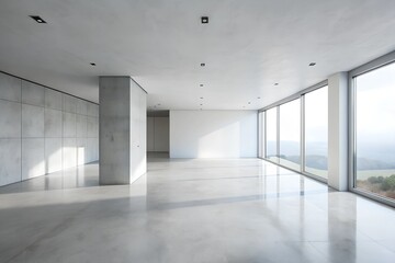 empty corridor with windows and a white wall in the background