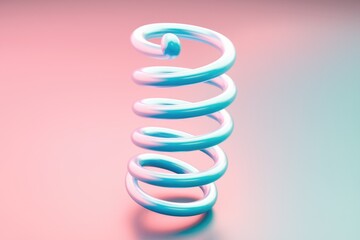 A vibrant, teal spiral spring stands upright against a soft pink and blue gradient background.