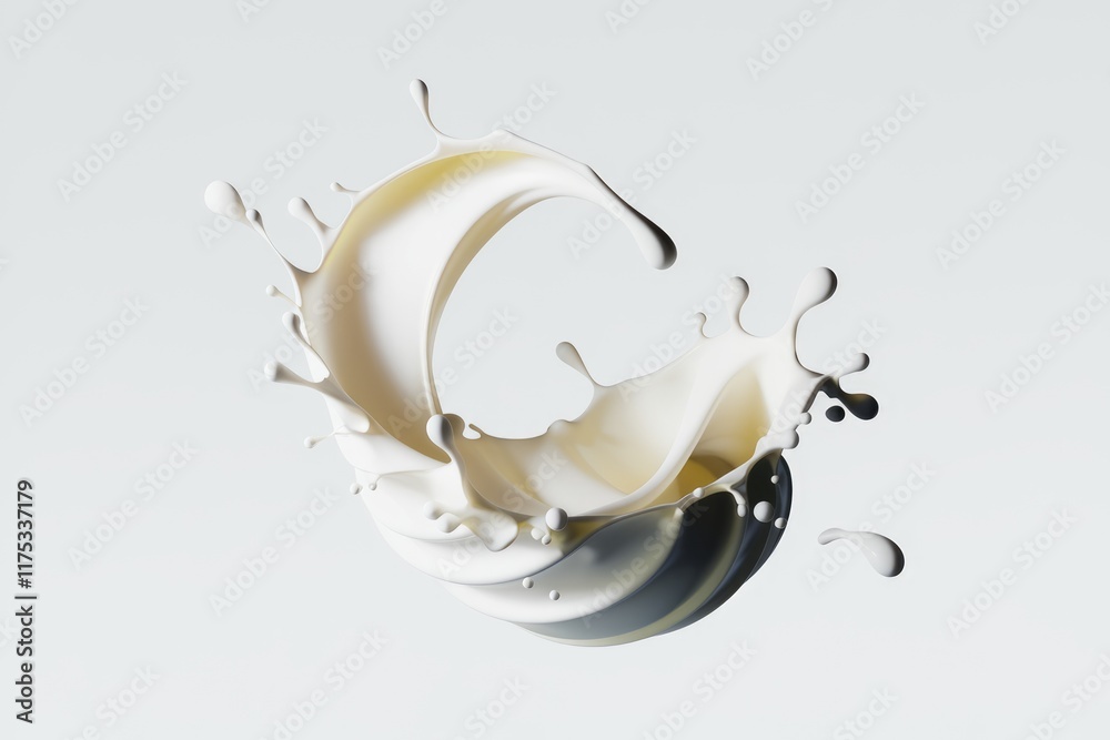 Poster a dynamic splash of creamy milk, elegantly swirling and splashing in mid-air.