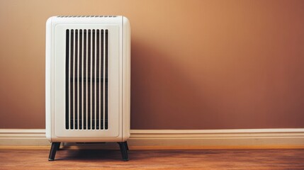 A freestanding heater with wood finish details on a rustic brown background