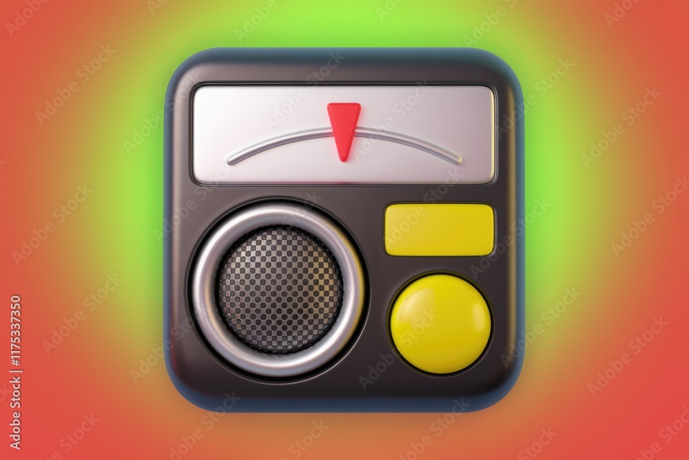 Poster Retro-styled 3D render of a compact music player with a gauge, speaker, and buttons.