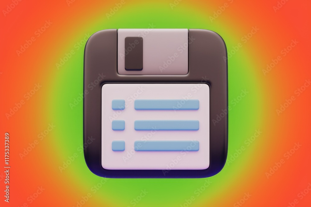 Poster A 3D rendering of a retro floppy disk icon with a list, symbolizing data storage and organization.