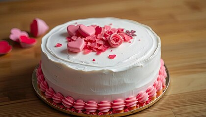White cake decorated with pink hearts and roses on wooden table