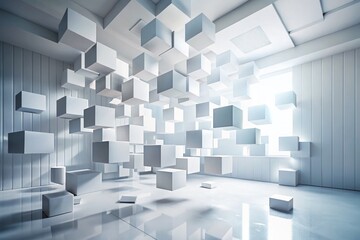 Obraz premium Surreal Minimalist White Geometric Architecture: Floating Cubes in a Dreamlike Landscape