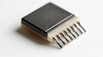 A small black integrated circuit chip with exposed metal connectors. Ideal for surface mount applications in electronic devices.