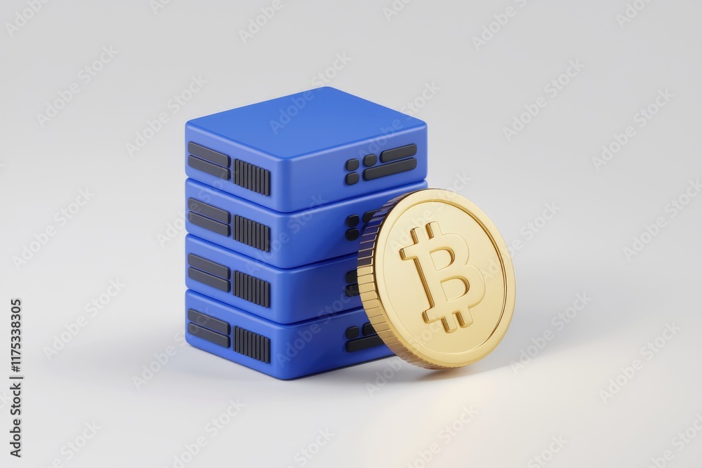 Poster bitcoin mining server stack, showcasing cryptocurrency infrastructure and digital currency.