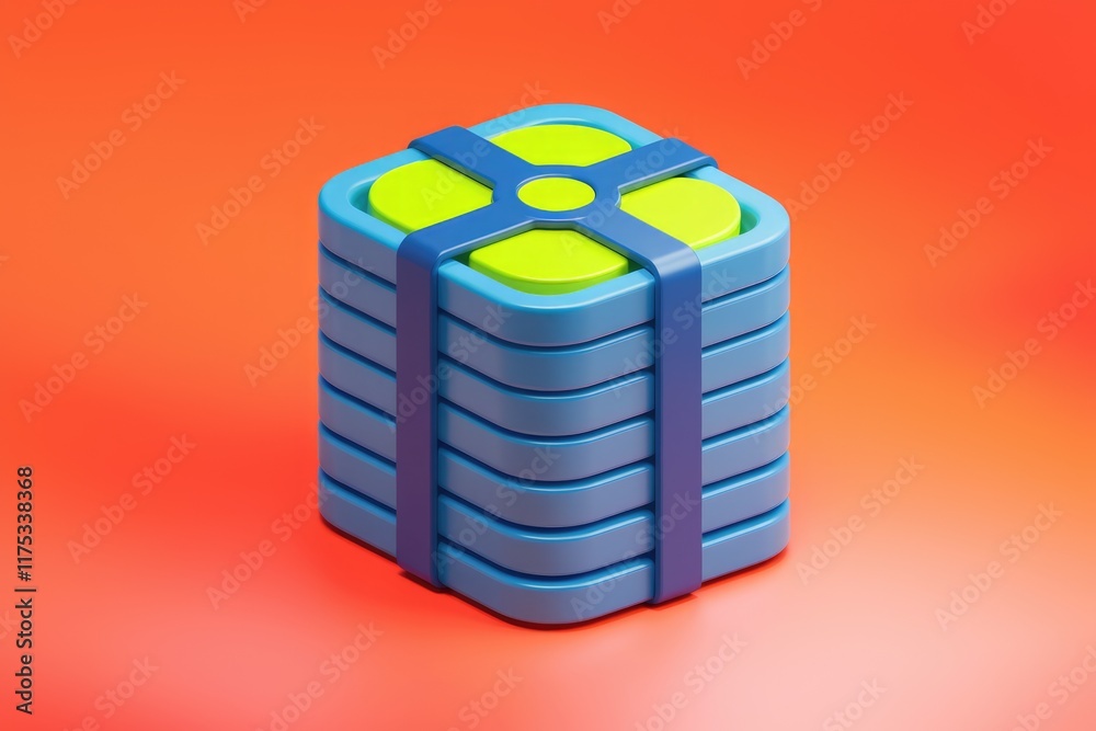 Poster a stack of blue square blocks with a lime green top, secured with purple bands. represents data stor