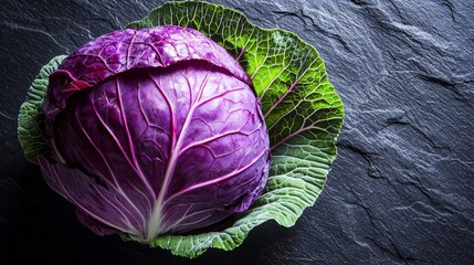 Red cabbage on dark stone background, food photography, healthy eating.