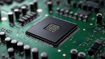 Fototapeta premium Close-up View of a Modern Microprocessor on a Circuit Board with Electronic Components and High-Technology Design Elements Highlighting Innovation in Electronics