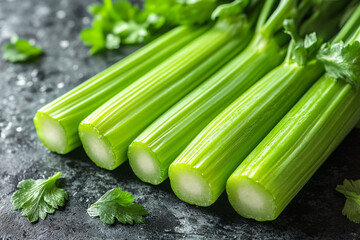Fresh Green Celery Stalks with Parsley Leaves