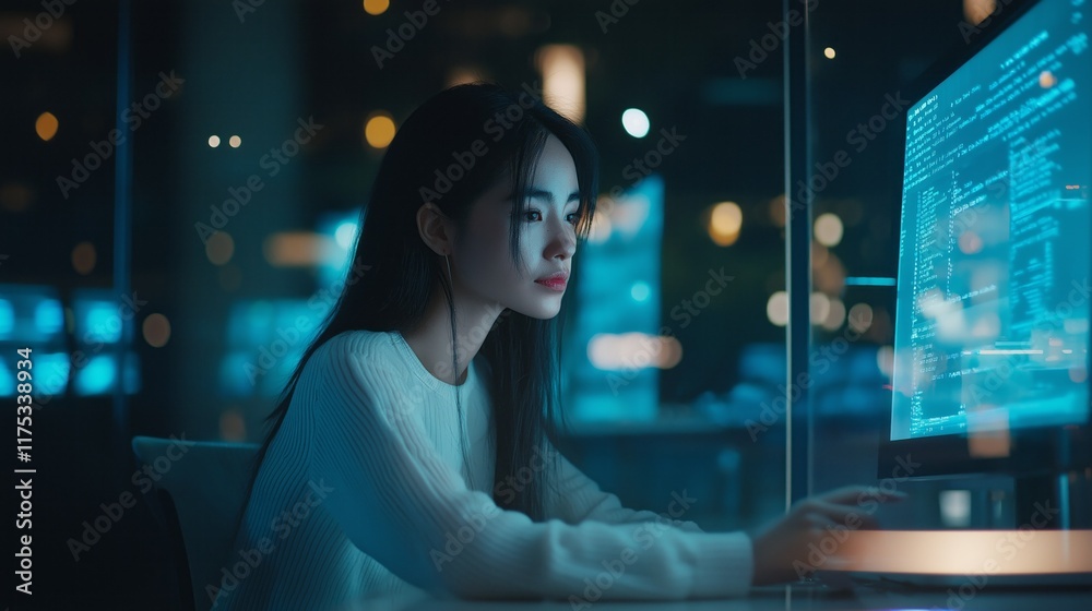 Poster in a sleek, modern environment illuminated by vibrant screens, a person focuses intensely on their c