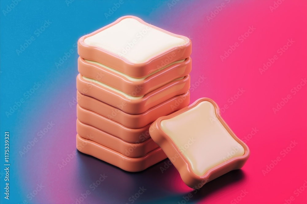 Poster a stack of cartoonish bread slices with butter, playfully arranged against a vibrant pink and blue b