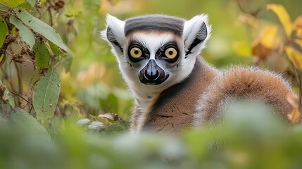 Ring-tailed lemur in Madagascar jungle. Wildlife conservation poster.