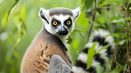 Fototapeta premium Ring-tailed lemur in Madagascar rainforest. Wildlife poster, nature documentary.