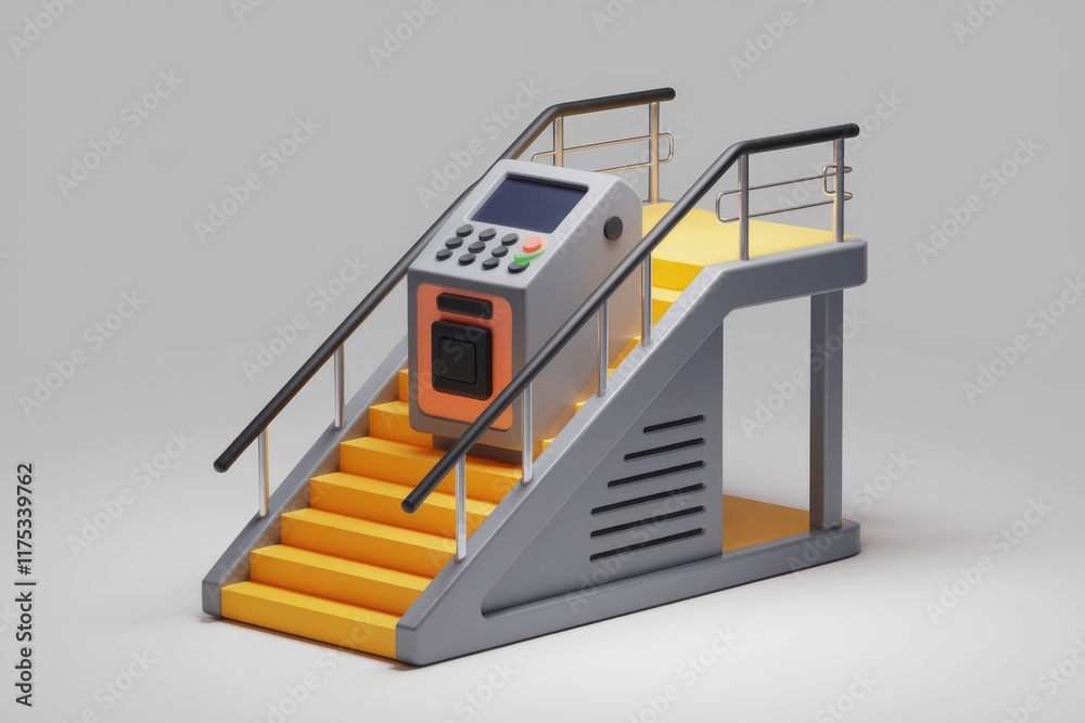 Poster A 3D render of an ATM machine on a staircase, symbolizing accessibility and financial inclusion.