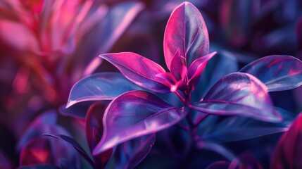 Vibrant Close-Up of Colorful Leaves with Glowing Pink and Purple Tones Capturing the Beauty of Nature in an Artistic Style for Botanical Photography