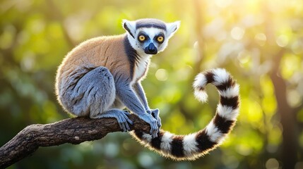Ring-tailed lemur on branch, jungle background, wildlife, nature photography.
