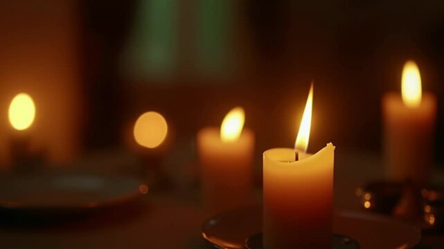 Soft Candlelight Flickering in a Cozy Room, Video Animated Background with Copy Space