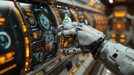 Obraz premium Robotic hand interacting with futuristic control panel.