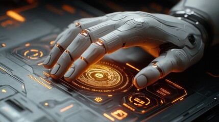 Robotic hand interacting with futuristic interface.