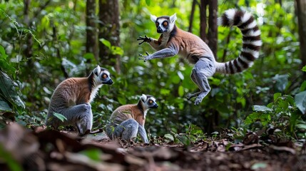 Fototapeta premium Ring-tailed lemurs leaping in Madagascar rainforest. (1)