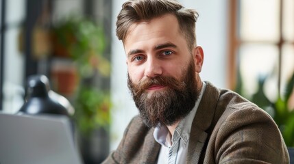 Fototapeta premium Stylish Man with Beard in Casual Office Setting, Smiling and Engaged, Working on Laptop with Green Plants in Background, Bright and Inviting Workspace Aesthetic