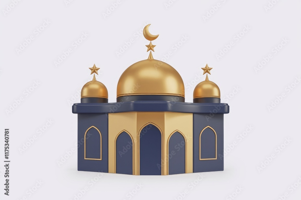 Poster a 3d rendering of a minimalist mosque, featuring gold domes and blue walls, symbolizing islamic arch