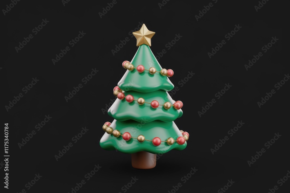 Poster a stylized 3d render of a christmas tree adorned with gold and red ornaments and a star.