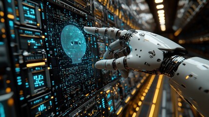 Robotic hand interacts with AI brain interface on futuristic control panel.
