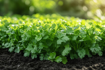 Lush Green Coriander Plants Growing in Rich Soil
