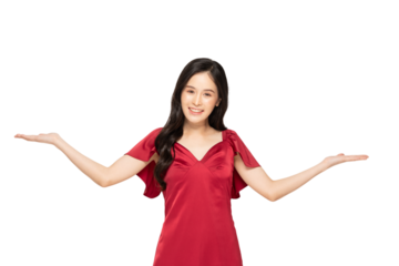 Smiling woman in red dress with open arms on transparency background