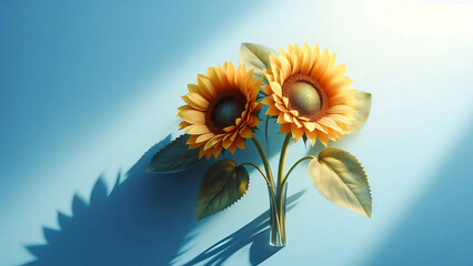 sunflower on blue background, Golden Sunflowers in Gentle Light: A Minimalistic Still Life with Soft Shadows and Calm Tones






