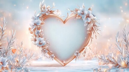 Floral heart frame, soft pastel hues, romantic winter scene