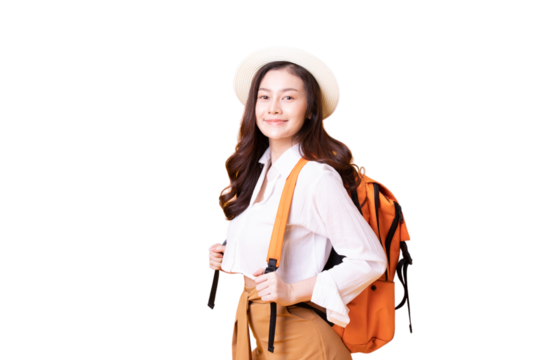 Cheerful woman traveler with orange backpack and hat, ready for adventure