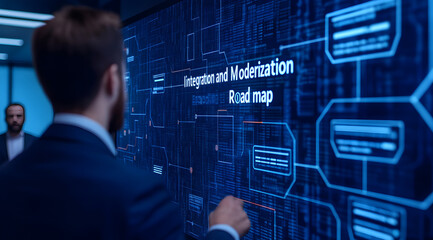 A professional analyzing a digital roadmap on a screen, focusing on underground monetization strategies in a modern office setting.